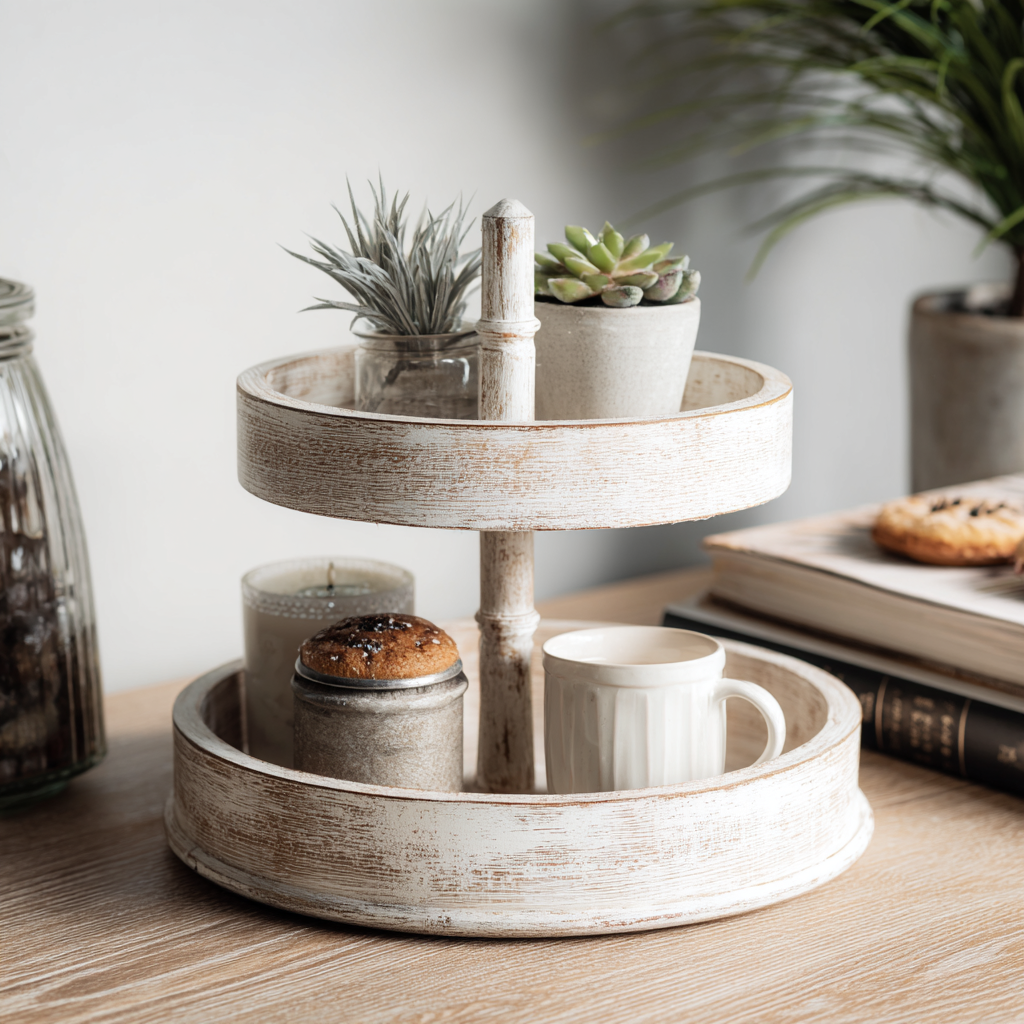 Rustic wooden tiered tray display stand in farmhouse style
