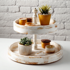Rustic wooden tiered tray display stand in farmhouse style