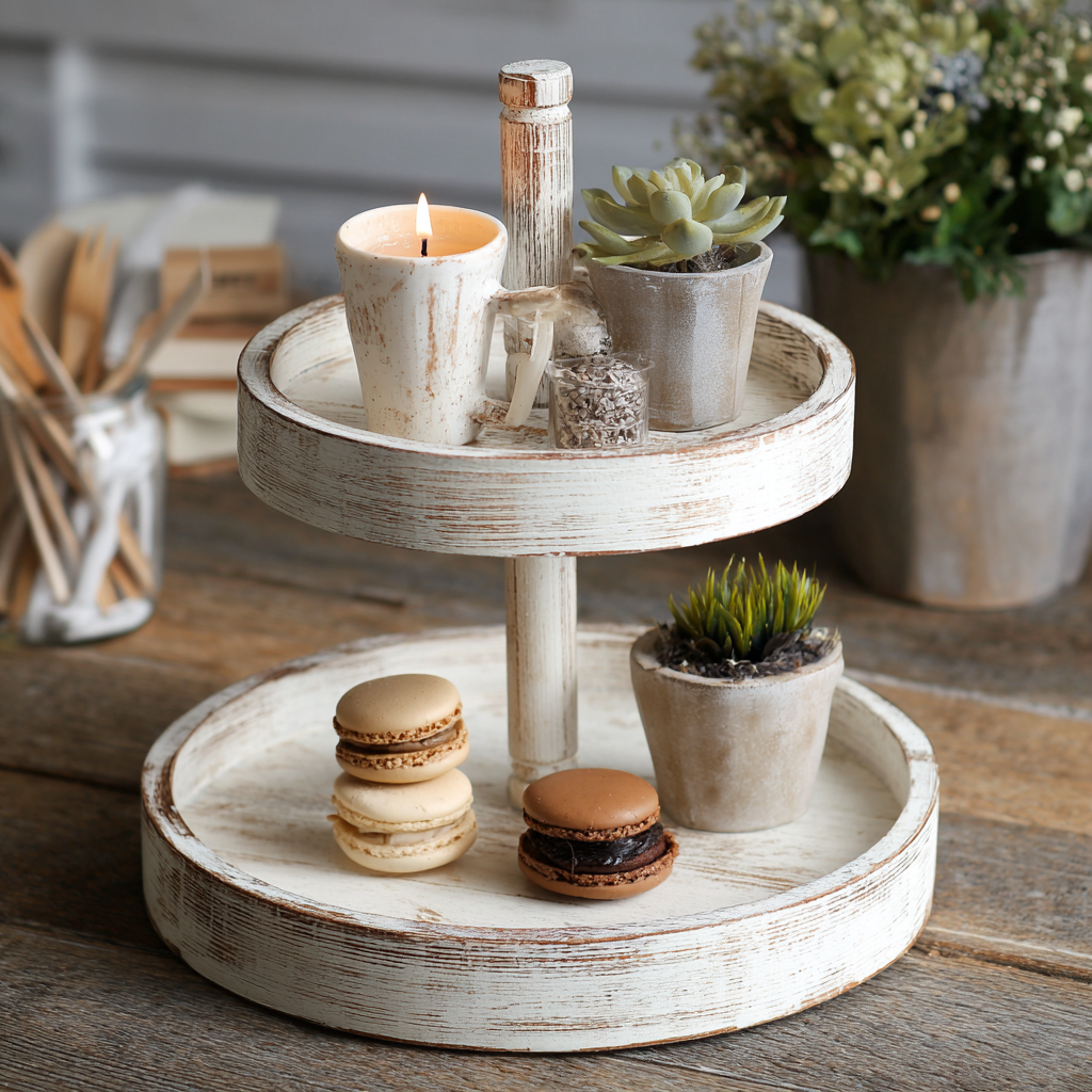 Rustic wooden tiered tray display stand in farmhouse style