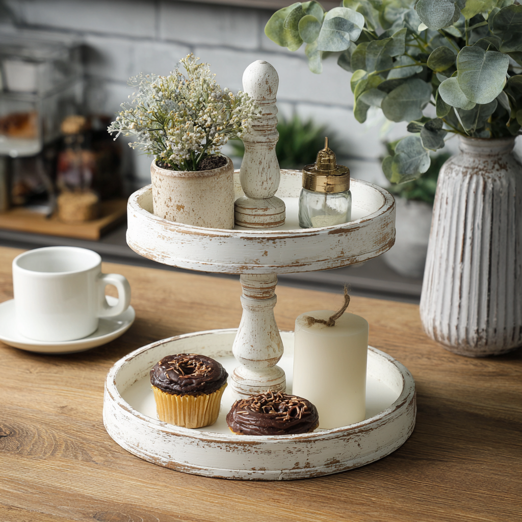 Rustic wooden tiered tray display stand in farmhouse style