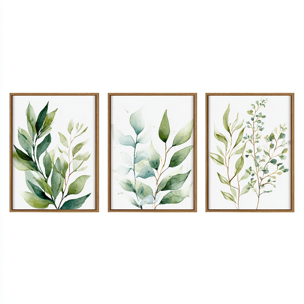 Three Framed Botanical Wall Art Prints with Designs Inspired by Nature
