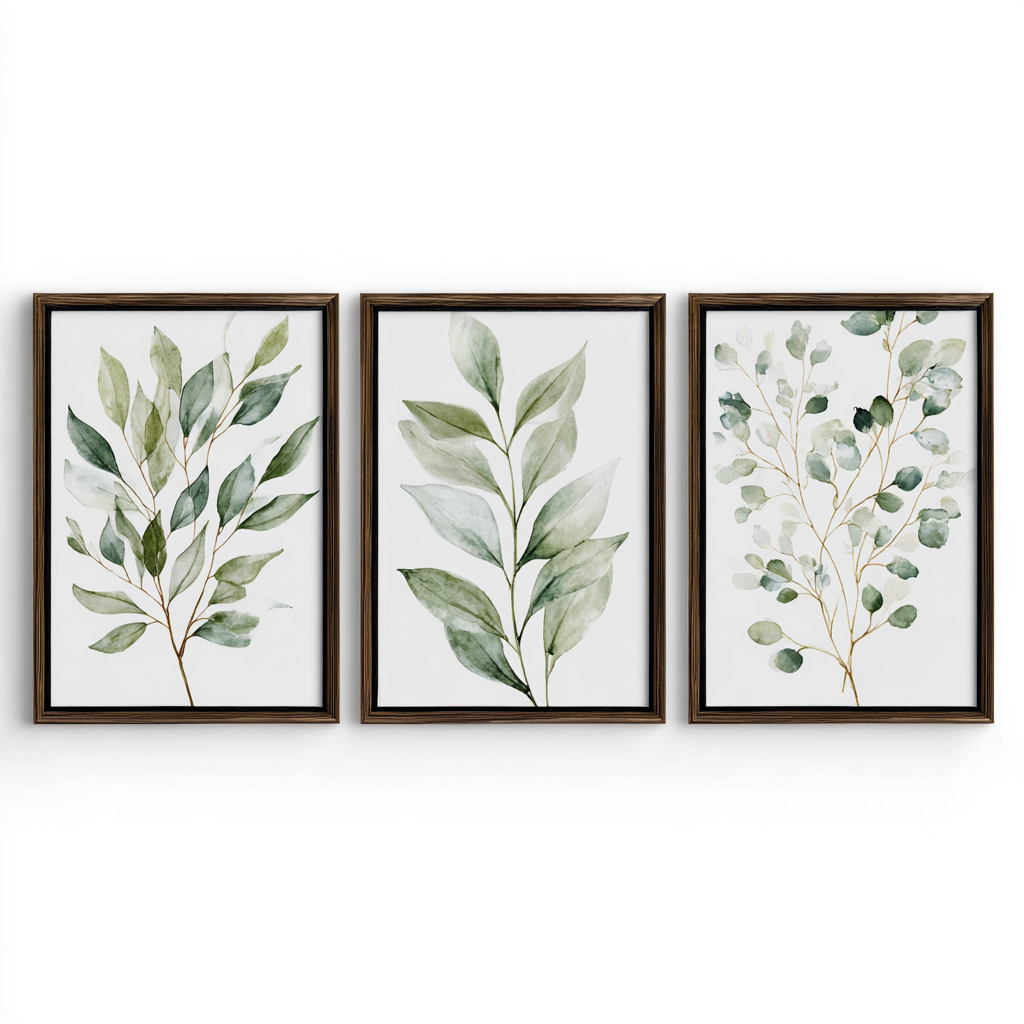 Three Framed Botanical Wall Art Prints with Designs Inspired by Nature