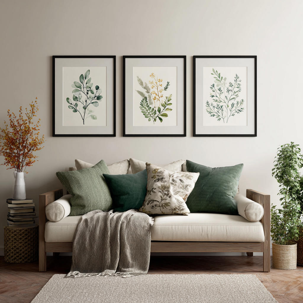 Three Framed Botanical Wall Art Prints with Designs Inspired by Nature