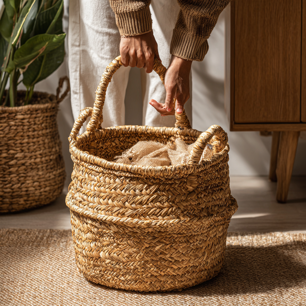 Boho Chic Handwoven Seagrass Basket for Storage