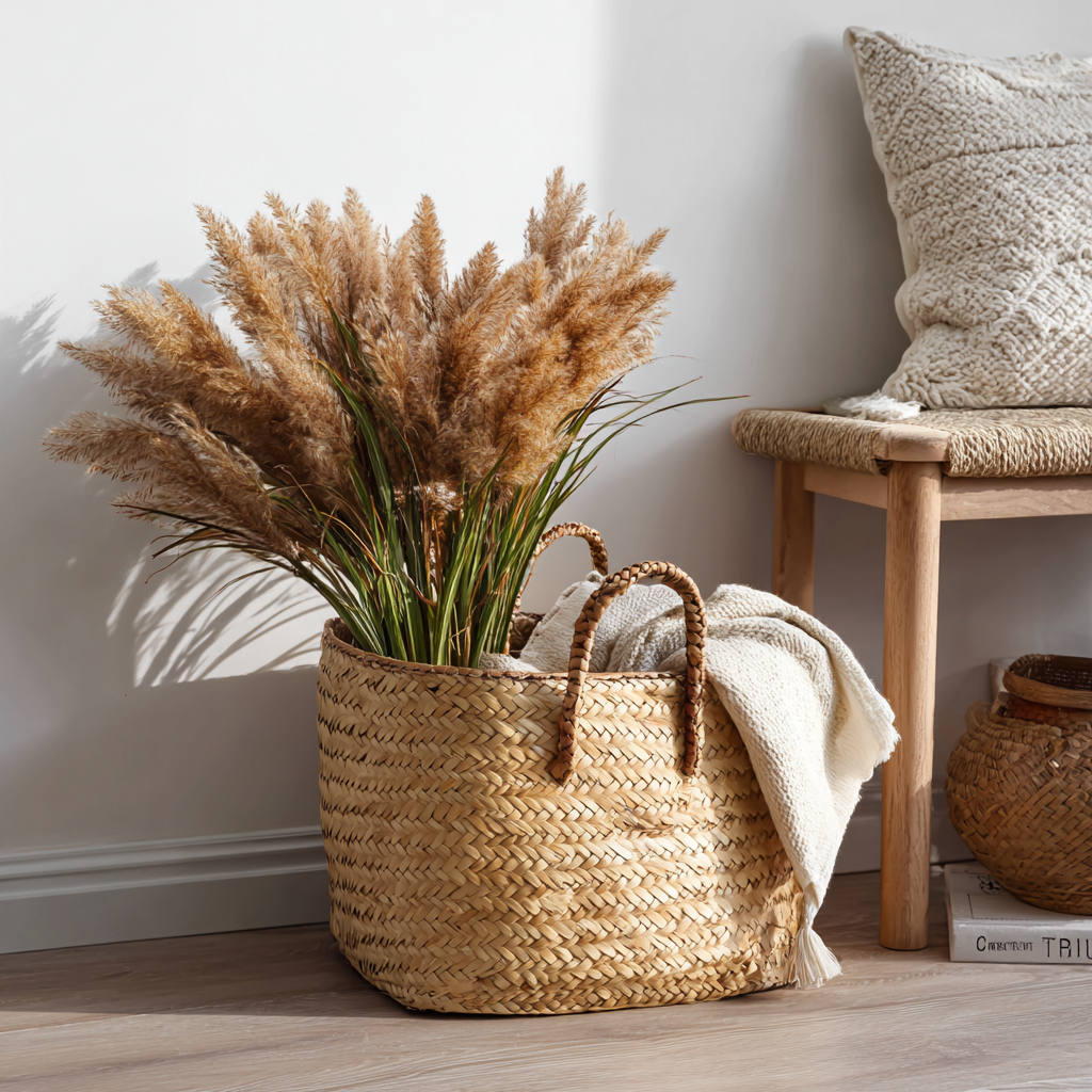 Boho Chic Handwoven Seagrass Basket for Storage